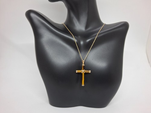 Tiger's Eye Cross Pendant/Necklace 14k 18" Yellow Gold ROPE Chain Cross LOVER - Picture 9 of 13