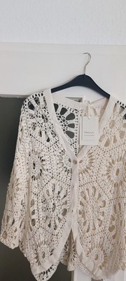 Meeylus Damen Häkel-Bohojacke Beige Lochmuster V-Ausschnitt Gr. 42