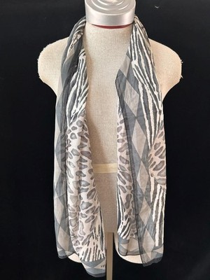 Halston long neck scarf 58 x 13 animal print leopard zebra black gray logo silk