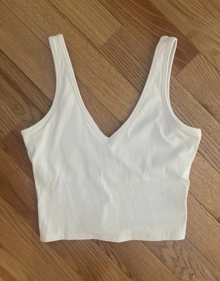 GAP White Ribbed Knit V-Neck Cropped Tank Top Wide Straps, Size S