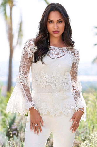 Boston Proper Women Crochet Lacy Top Sz XL Ivory Long Sleeve Cotton Beachy. CC2