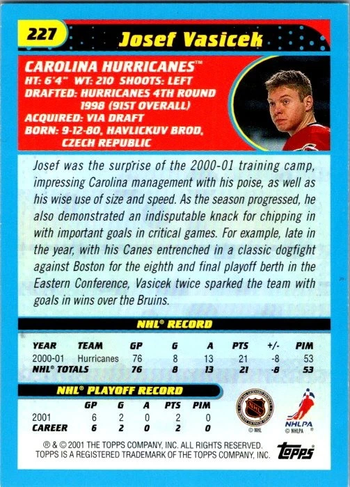 Josef Vasicek 2001-02 Topps #227 Carolina Hurricanes Auto Hand Signed - Image 2 of 2