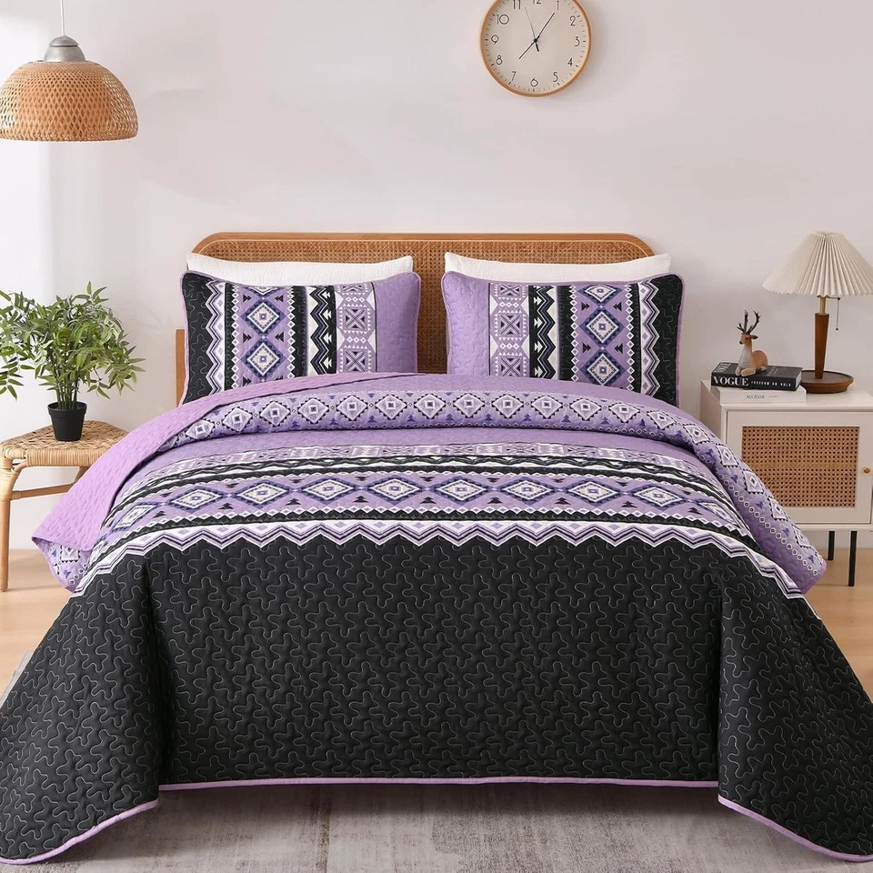 Juego de edredón de 3 piezas tamaño queen, colcha edredón púrpura cubierta bohemia ligera Foto 2 de 4