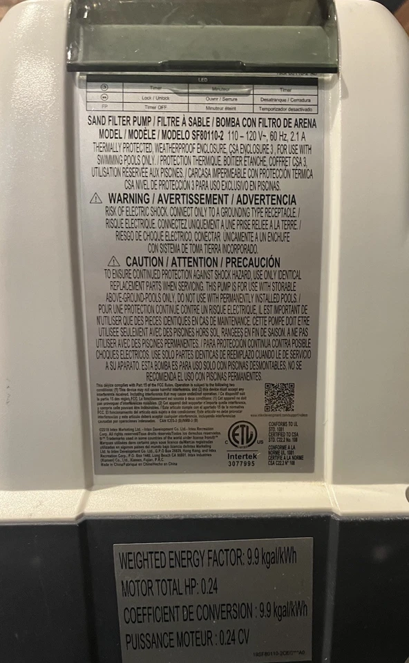 Intex SF80110-2 Pump Motor and Control for Swimming Pool Sand Filter - Image 4 of 4