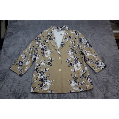 Isaac Mizrahi Blazer Women Large Beige Black Floral Print Casual 2 Button Jacket
