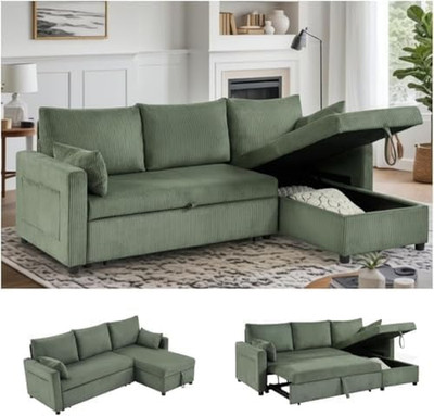 Green Queen Sleeper Sofa Bed with Storage, L-Shaped Sectional Couch, 85 Inch