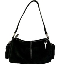 Vintage Fossil Black Suede Shoulder Bag Silver Key Charm Side Pockets Y2K Purse