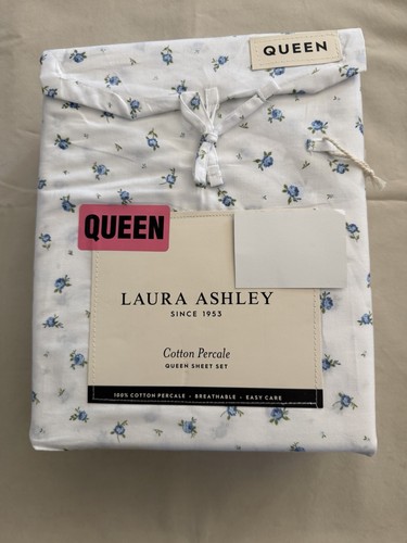 NEW 4pc Laura Ashley Queen Sheet Set Cottage ROSY DAY Blue Green & White
