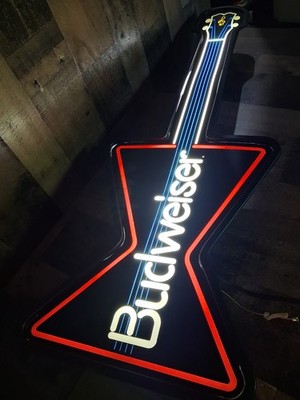 Vintage Budweiser Bowtie Guitar Lighted Bar Sign 41'' x 15'' x 4 1/2'' Tested 80s