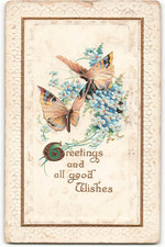 1912 Greetings and all good Wishes butterflies blue flowers VTG Postcard CG1.
