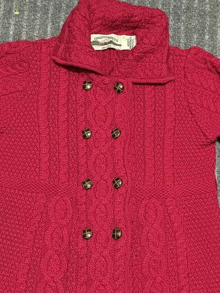 "Cárdigan suéter largo vintage Aran Crafts Ireland 100 % lana merino rojo 16""x26""" Foto 2 de 4