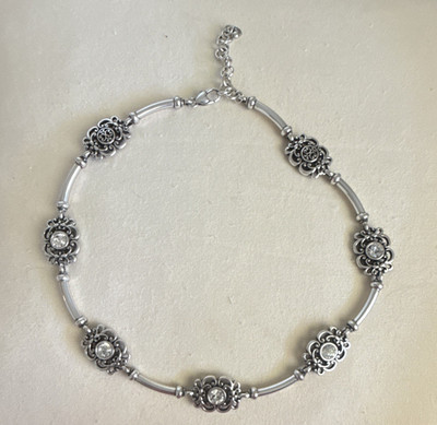 Brighton Silver Tone Floral Station Bracelet Clear Crystal Bezel Links Extender