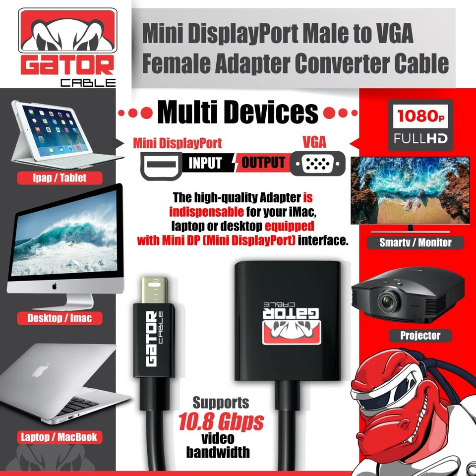 Mini DisplayPort DP To VGA Adapter Converter Thunderbolt For MacBook Mac AirPro - Image 4 of 4