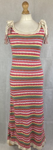 Women’s Multicolour Candy Striped Crochet Knit Sleeveless Midi Dress Small 66/94 - Picture 10 of 11