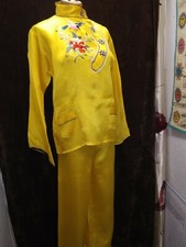 Vintage 1940's Yellow Rayon Satin Embroidered Asian Pajama Set Size Medium as is