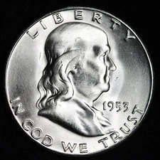 GEM BU UNCIRCULATED UNC MS 1953-S SILVER FRANKLIN HALF DOLLAR BRILLIANT LUSTER