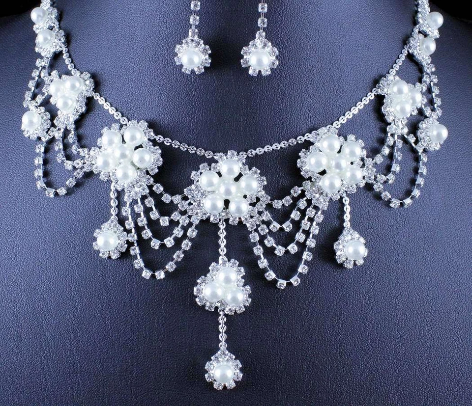 JUEGO DE PENDIENTES COLLAR DIAMANTES DE IMITACIÓN AUSTRIACOS PERLAS ROMÁNTICAS BODA NOVIA GRADUACIÓN N11896 Foto 2 de 3