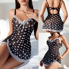 Womens Sexy-Lingerie Polka Dots Lace Trim Sheer Dress Babydoll Nightgown Boudoir
