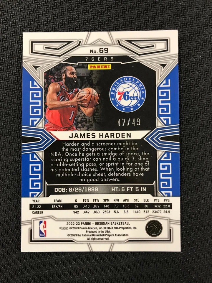2022-23 Panini Obsidian #69 James Harden Purple Flood Etch Prizm /49 76ers - Image 2 of 2