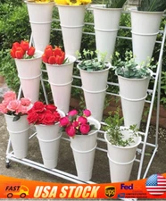 White Flower Display Stand + 12PCS Buckets 3-Layer Metal Plant Stand w/ Wheels