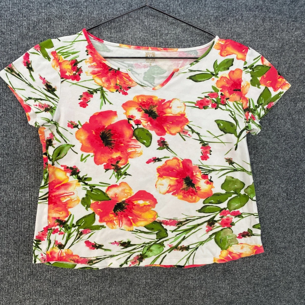 Anne Klein Sport Top Womens Small S White Floral Short Sleeve Comfy Casual Shirt