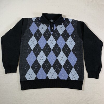 Johnny J Sweater Mens Large Black Argyle Pullover Long Sleeve