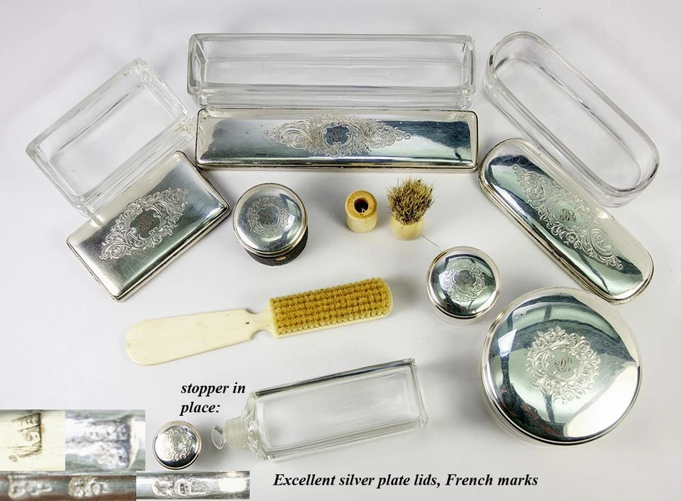 Antique French Vanity Travel Set, Hardwood Case by DUBREUIL, Inkwell & Jars - Image 4 of 4