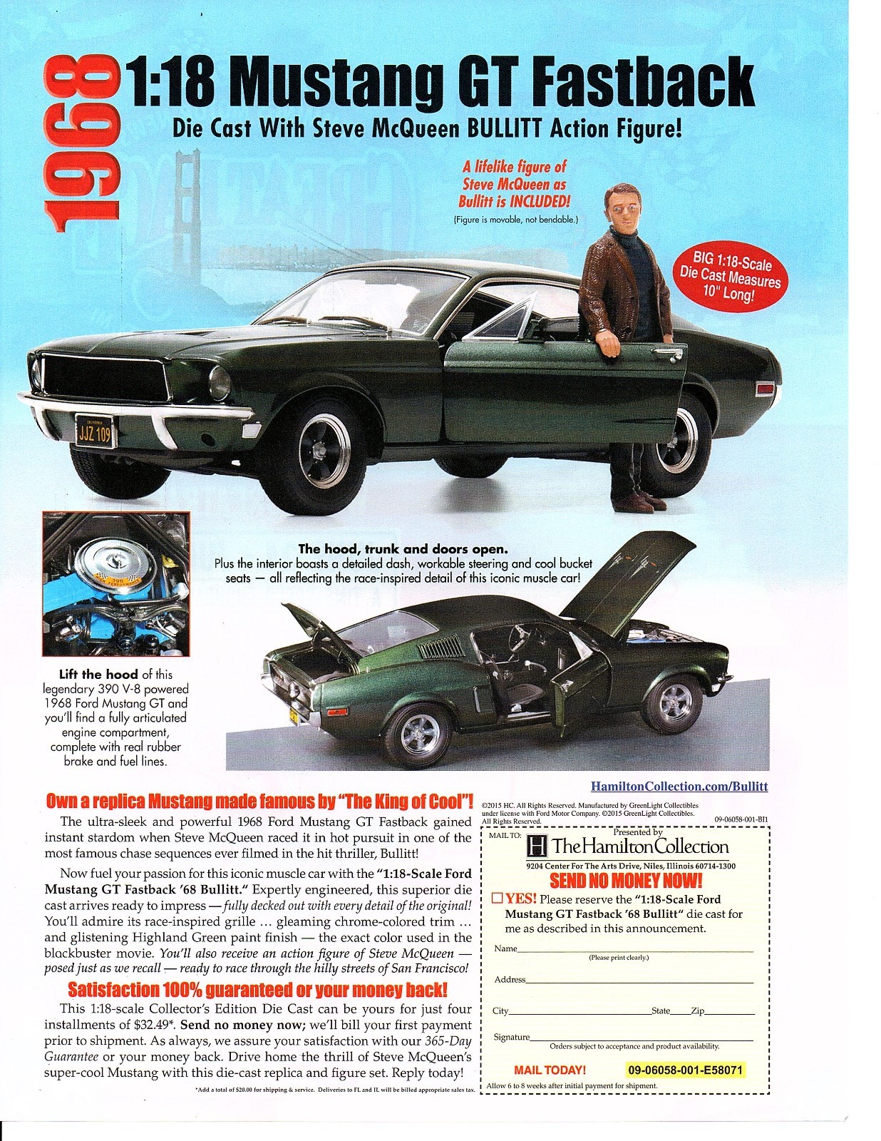 1968 FORD MUSTANG GT 390 BULLITT / STEVE MCQUEEN ~ NICE DIECAST CAR AD