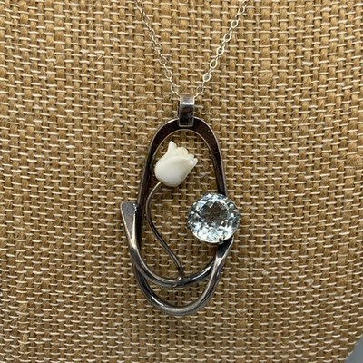 Vintage Masaniello .925 Himmelblautopas (9,8 mm) & geschnitzte Rose Halskette an 18'' SS Kette