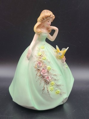 Josef Originals Fantasia Figurine Green Dress Flowers Yellow Bird 7''