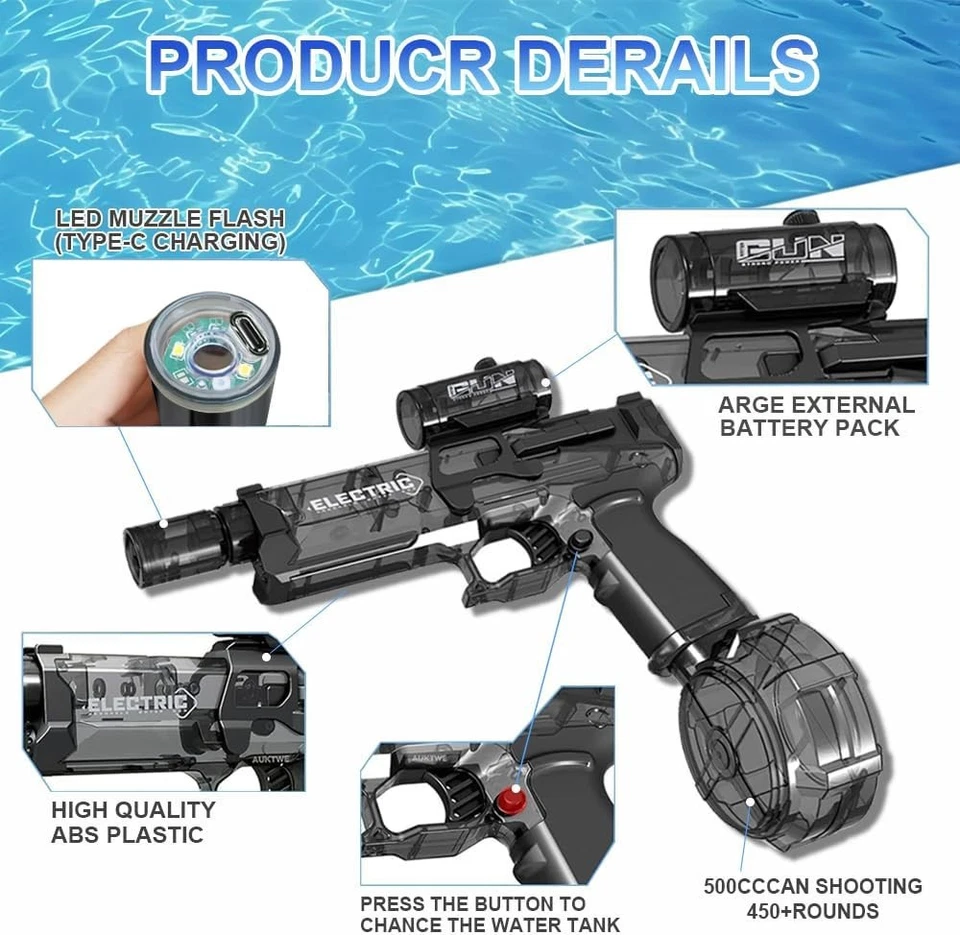 Электрический водяной пистолет на батарейках автоматический бластер светодиодная вспышка 28 футов 🌊 - Изображение 2 из 4