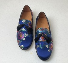 Mocasines florales azules de lujo con borlas - Zapatos de vestir de tela italiana