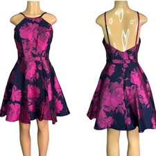 Xscape Fit and Flare Floral Brocade Dress High Neck Sleeveless Blue Pink Size 10