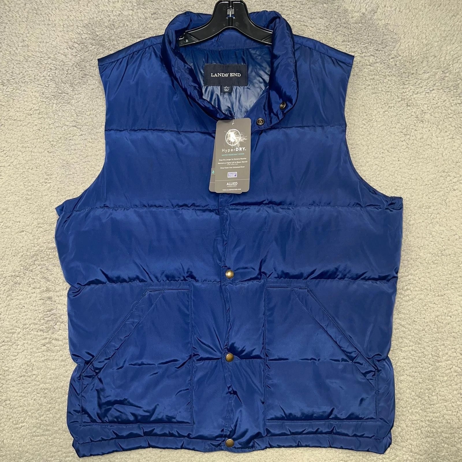 NWT Lands' End Puffer Vest Men Sz L Blue HyperDRY 600 Water Resistant Snap Front