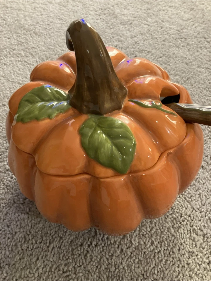 Sopa de puré de calabaza con cucharón y tapa Foto 2 de 4