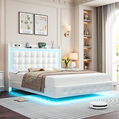 LED Upholstered Full Bed Frame with Charging Station & Storage Headboard, White