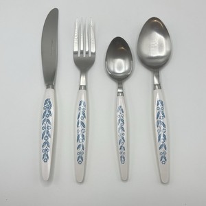 Vtg CorningWare Stainless Blue Cornflower Fork, Knife, And Spoons 4 Pc Flatware