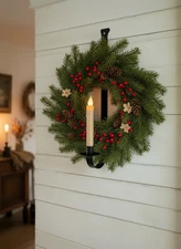 Primitive Colonial Hand Forged Iron Wall Mount Wreath & Taper Holder 19"