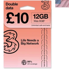 PrePaid THREE SIM Card with 12GB Data, 3000 Mins/Text - Easy Activation