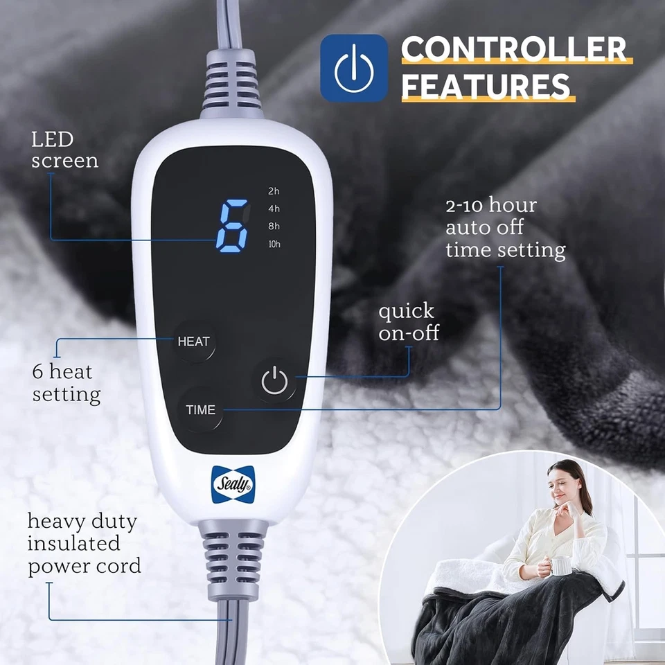 Manta Eléctrica Sealy con Bolsillo para Pie para Adultos, Franela y Sherpa Calefacción Blan Foto 3 de 4