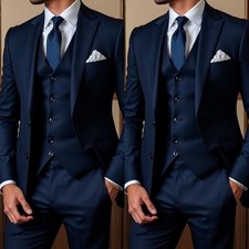 Business Men's Formal Suit Navy Blue Offical3Pcs Single Breasted Tuxedo Jacket
