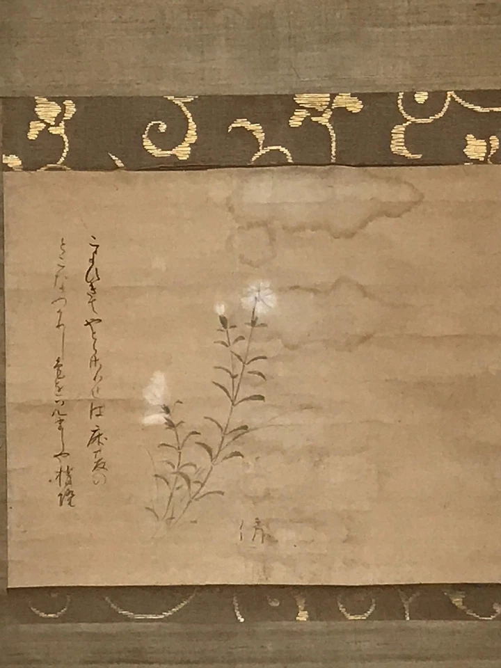 Japanese Hanging Scroll Vtg White Flower Poem Kakejiku Chagake SC940 - Image 2 of 4