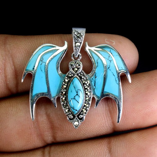 Summer 925 Silver Pendant Stabilized Turquoise Marcasite Gemstone Jewelry - Picture 2 of 10