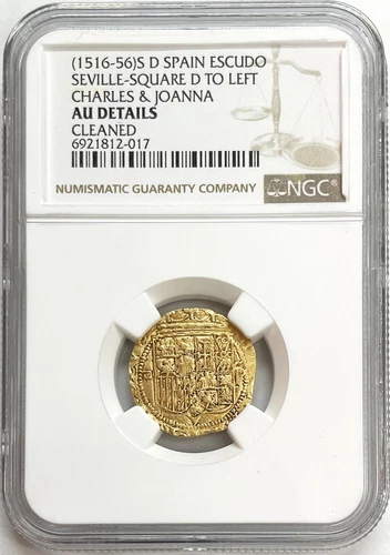 1516-1556 S GOLD SPAIN 1 ESCUDO CHARLES & JOANNA COB SEVILLE MINT NGC ABOUT UNC*