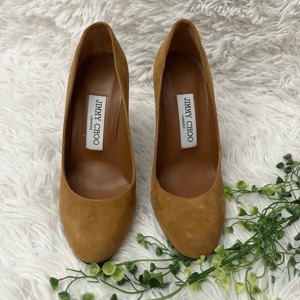 Jimmy Choo Laria Canyon Marrón Gamuza Punta Redonda Madera Tacón Alto Bomba talla 34 EU/US 4 Foto 2 de 4