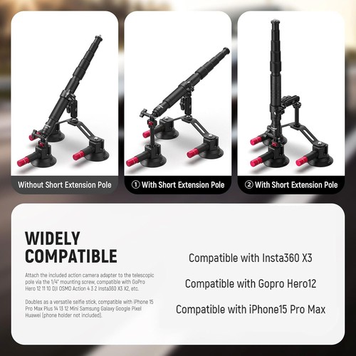 Triple Suction Cup Car Mount Kit with 2In1 Extension Pole/Selfie Stick, Quick Re - Picture 2 of 8