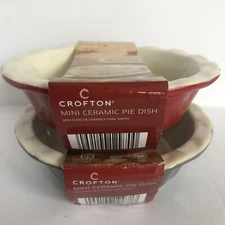 Crofton Mini Ceramic Pie Quiche Dish 5" Oven Safe Green Red Fluted Set of 2