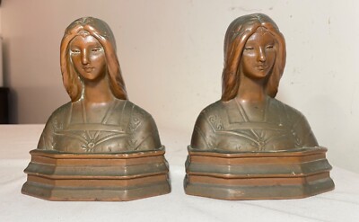 pair of 2 antique 1800's bronze clad lady bust statue Beatrice bookends set