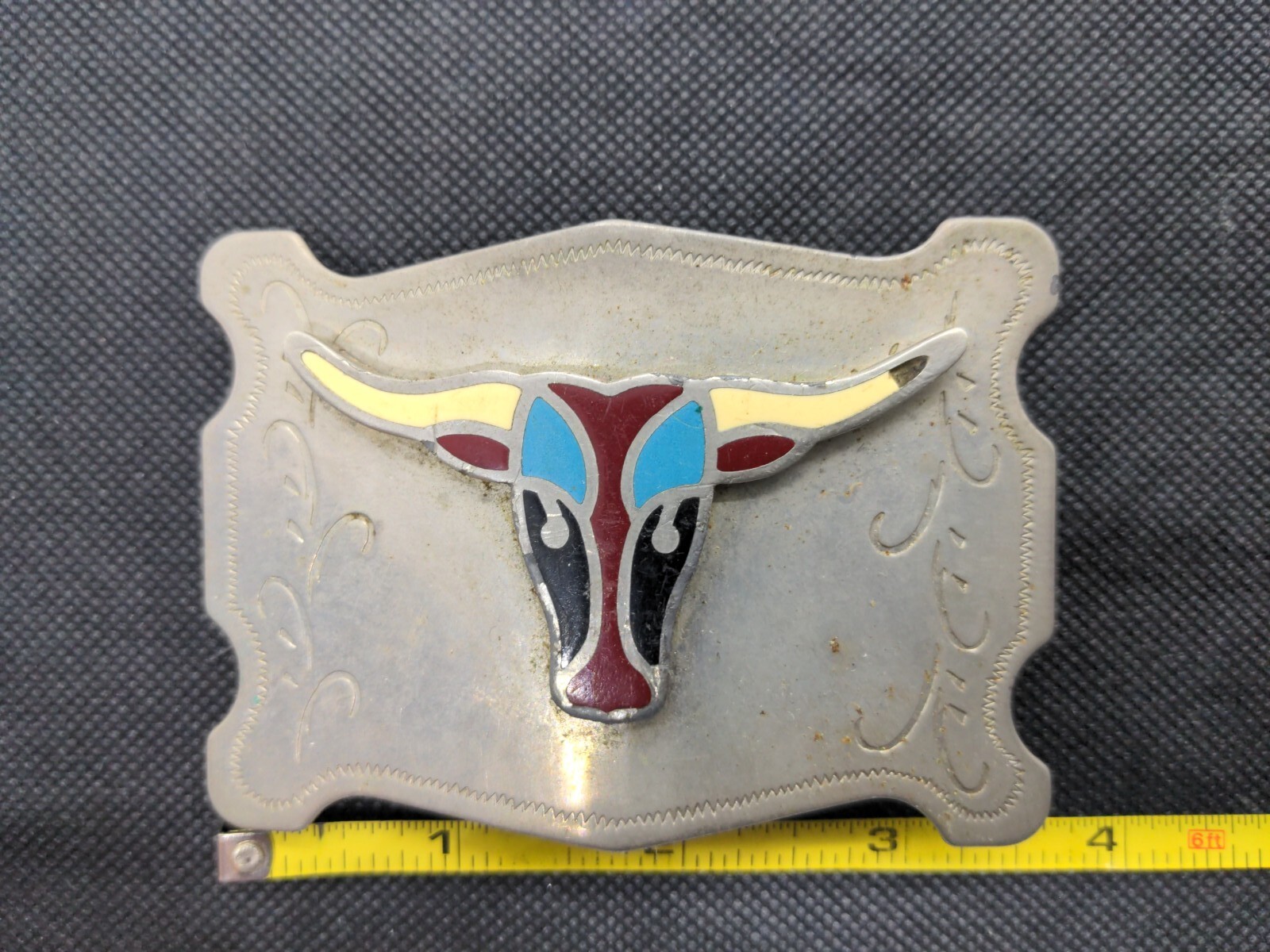 Vintage Worn Longhorn Steer Belt Buckle Red Blue Black White inlay