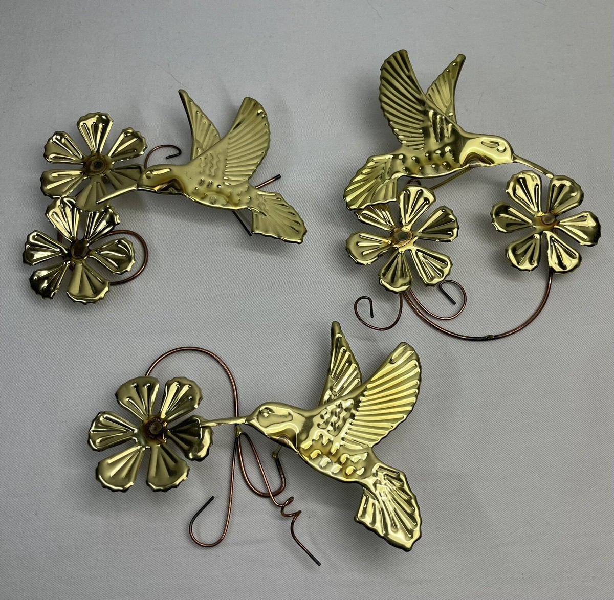 3) Vintage Hummingbird & Flowers Brass Copper Gold Metal 70s